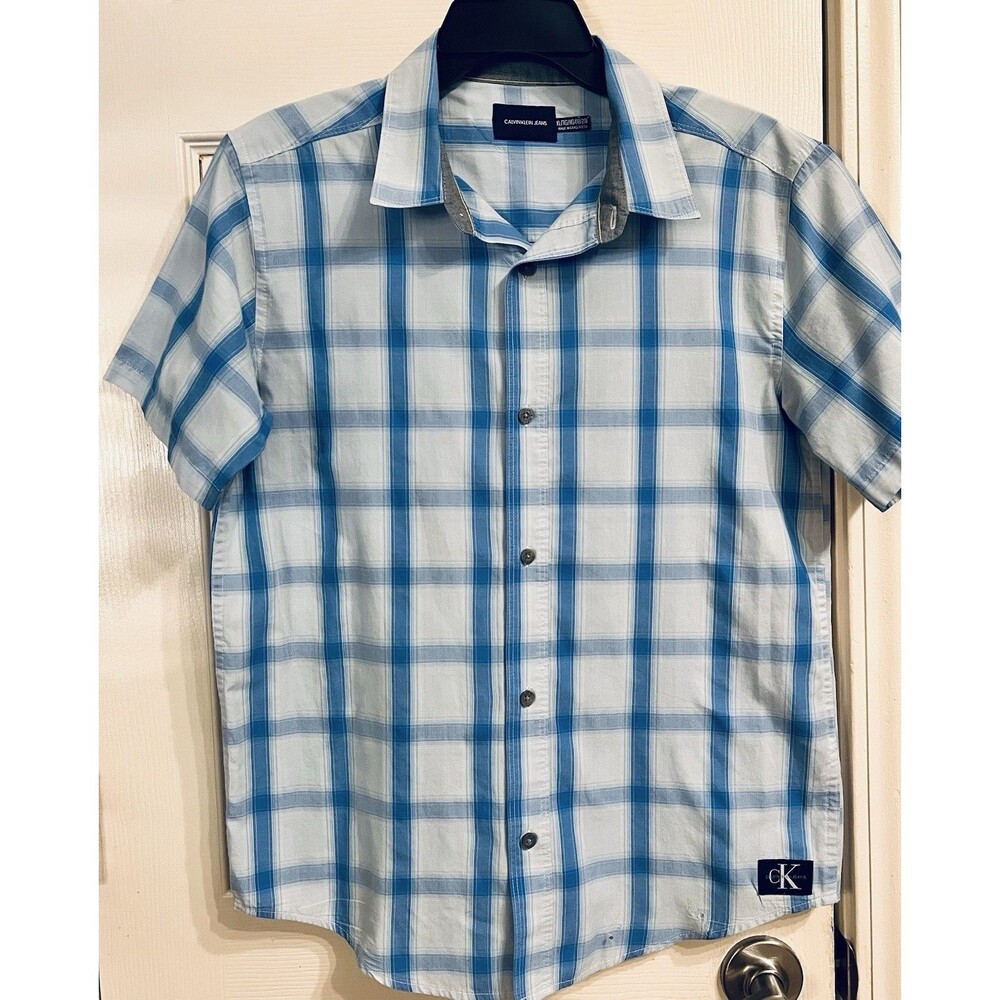 Calvin Klein Jeans Boys XL 18/20 Plaid Button Down Shirt Blue Gray Short Sleeve